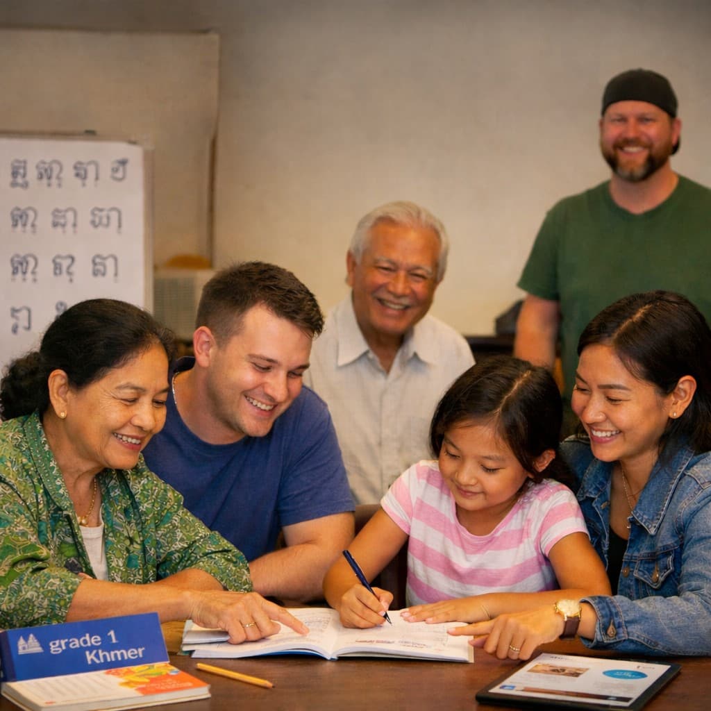 Learners and mentors around a table during a Khmer class, with Khmer script on the wall